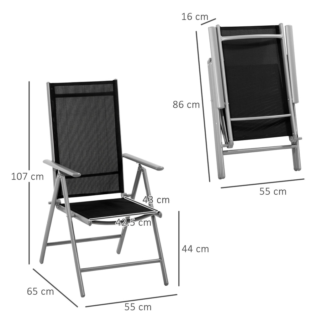 Outsunny Folding Garden Chair in Aluminum and Texteline with 7-Level Adjustable Backrest, Black 65x55x85-105cm