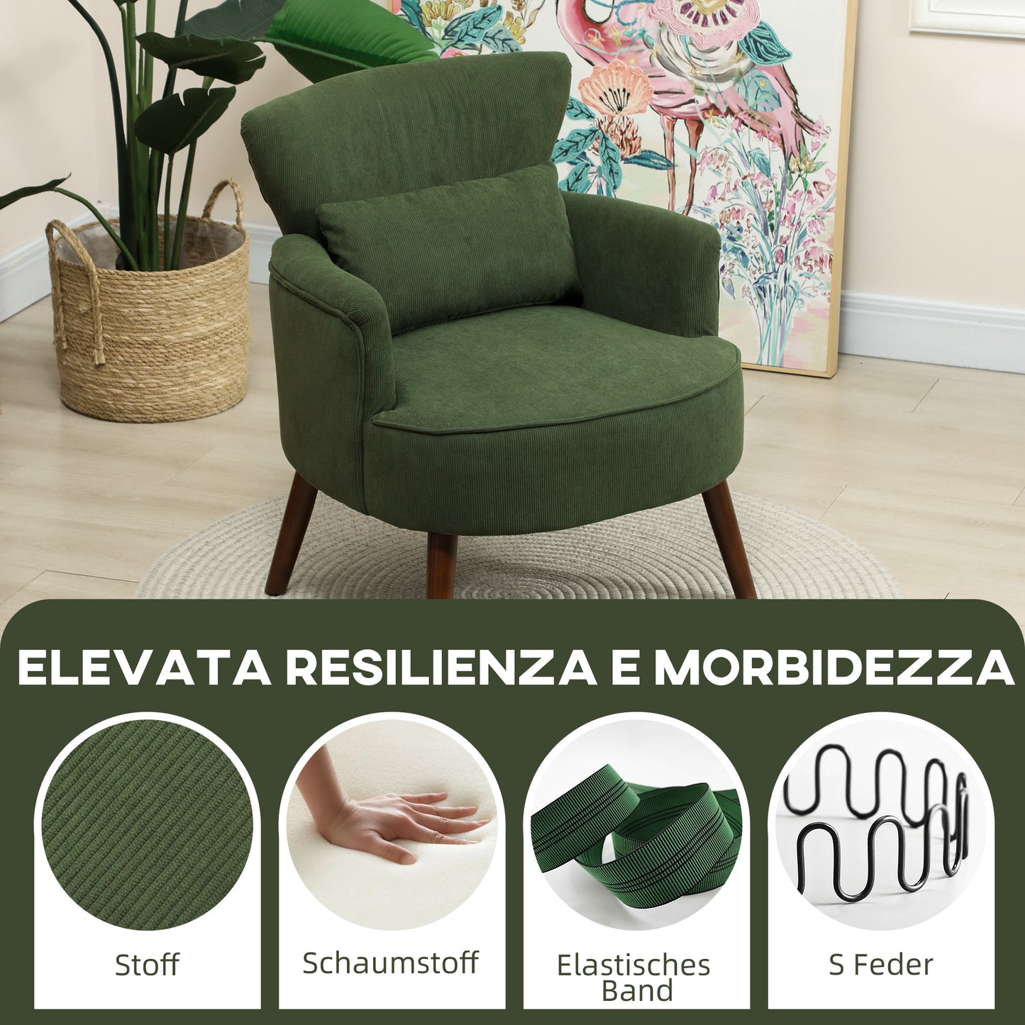 Modern Upholstered Velvet Armchair with Lumbar Cushion, Wooden Backrest and Legs, Green