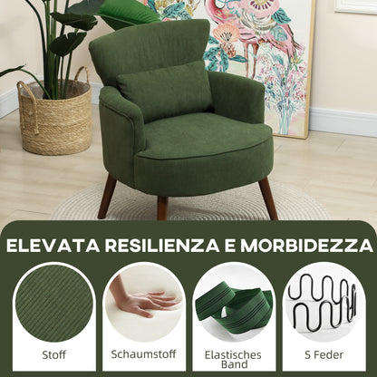 Modern Upholstered Velvet Armchair with Lumbar Cushion, Wooden Backrest and Legs, Green