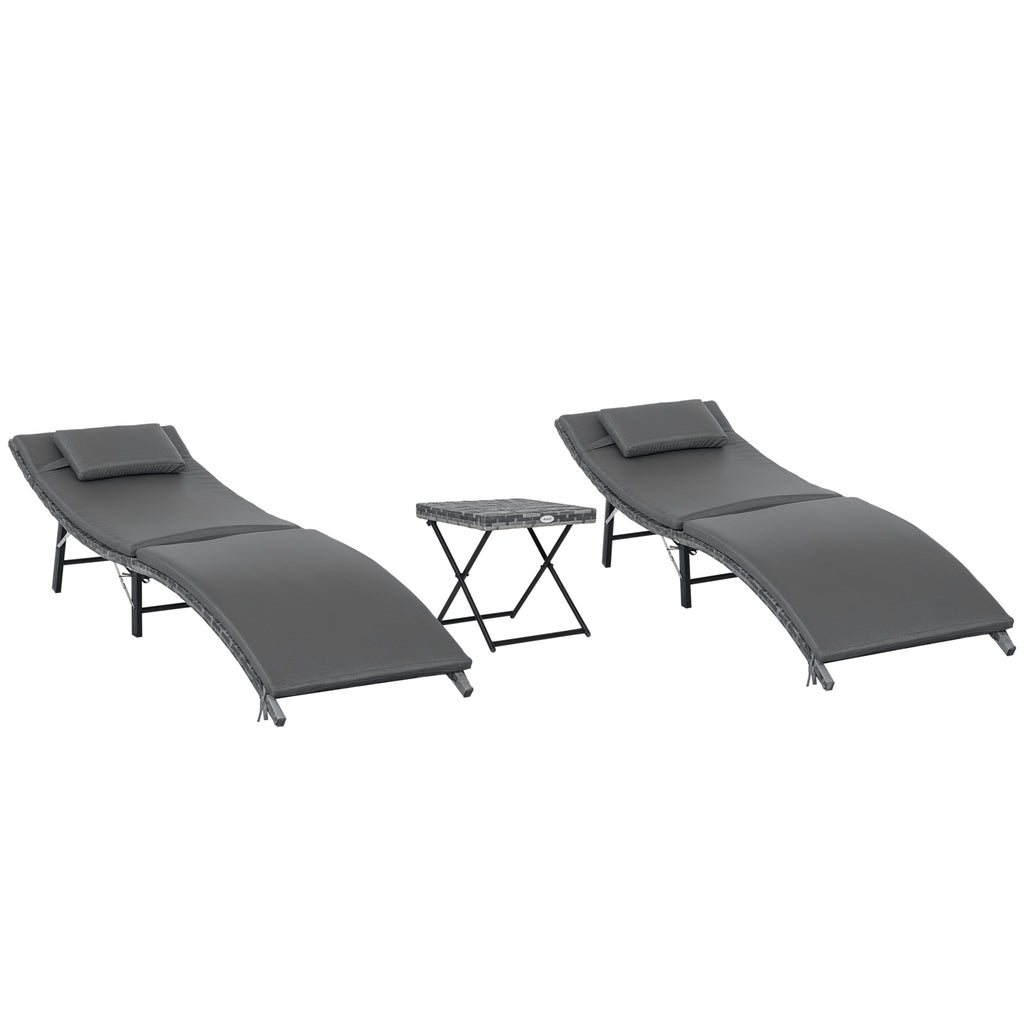 Folding Sun Loungers with Removable Cushions and Folding Table, 3-Piece Rattan Set, Grey