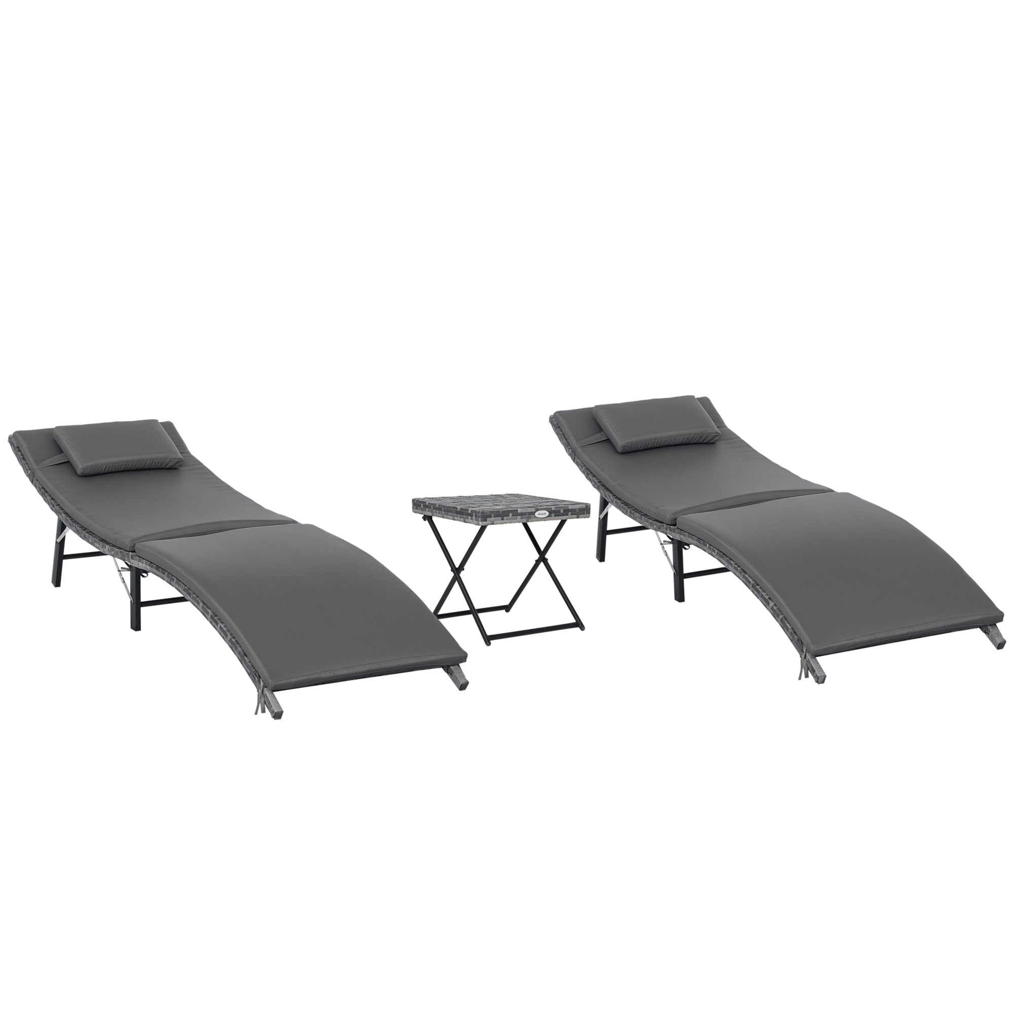 Folding Sun Loungers with Removable Cushions and Folding Table, 3-Piece Rattan Set, Grey
