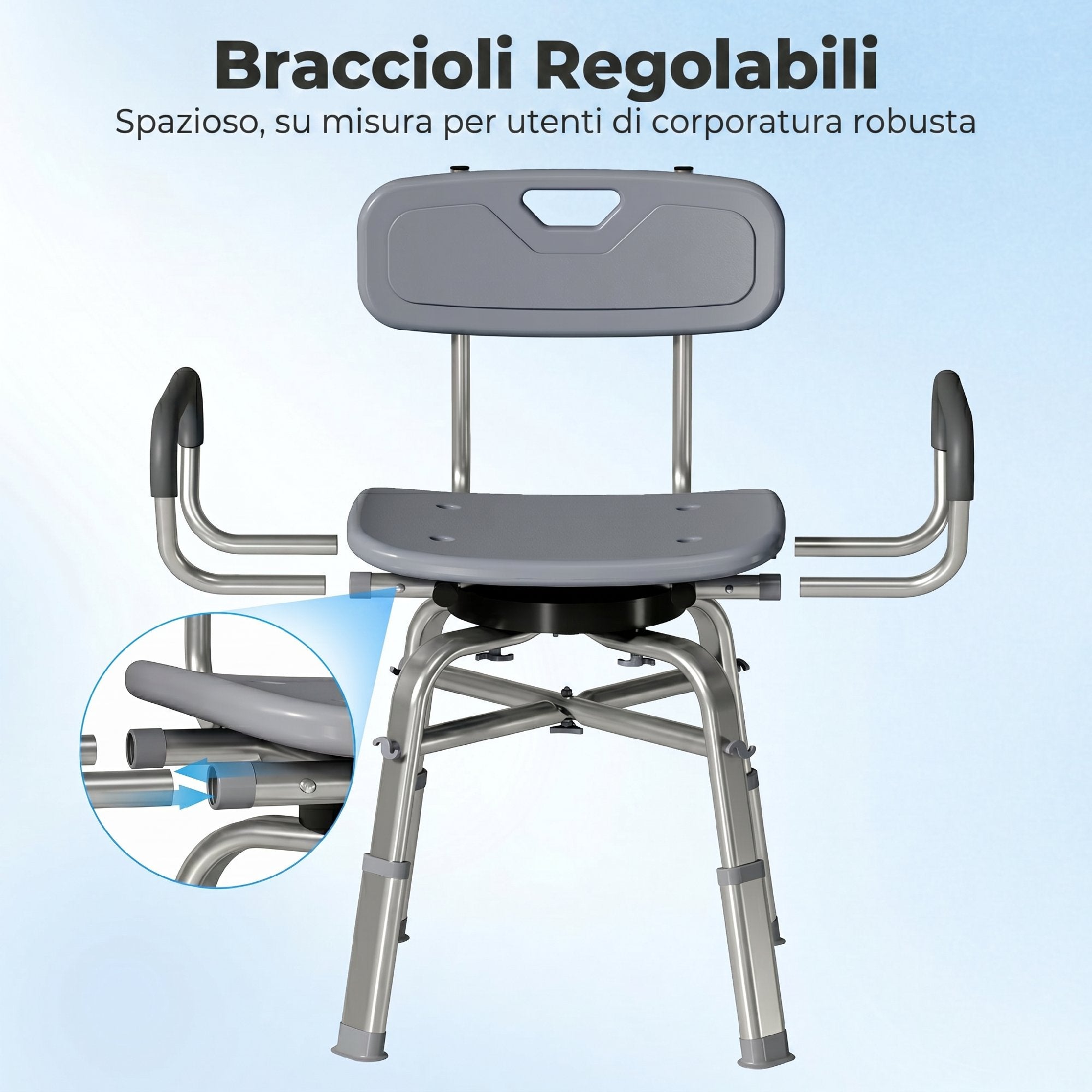 HOMCOM Height-Adjustable Swivel Shower Chair with Armrests, Backrest, 150kg Capacity, Grey