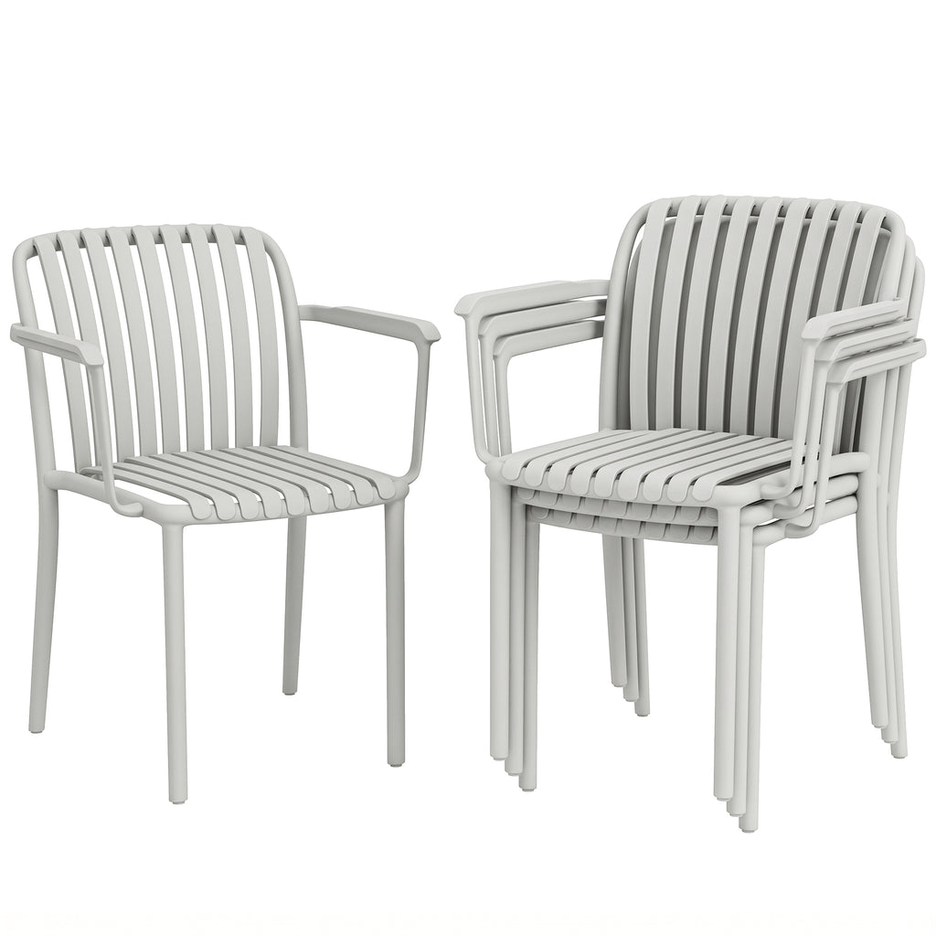 Outsunny Set of 4 Stackable Garden Chairs with Armrests, Plastic Slatted Design, Grey