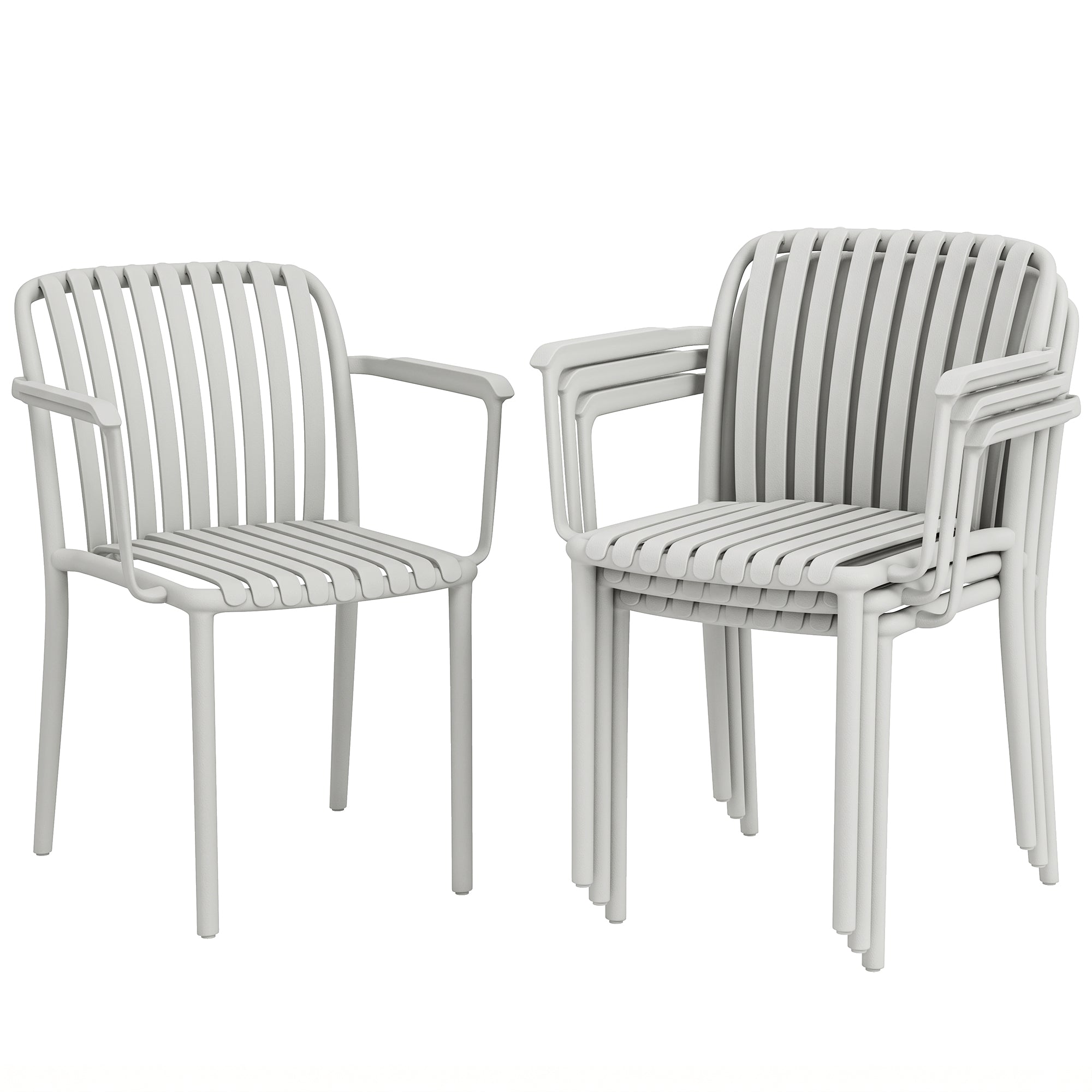 Outsunny Set of 4 Stackable Garden Chairs with Armrests, Plastic Slatted Design, Grey