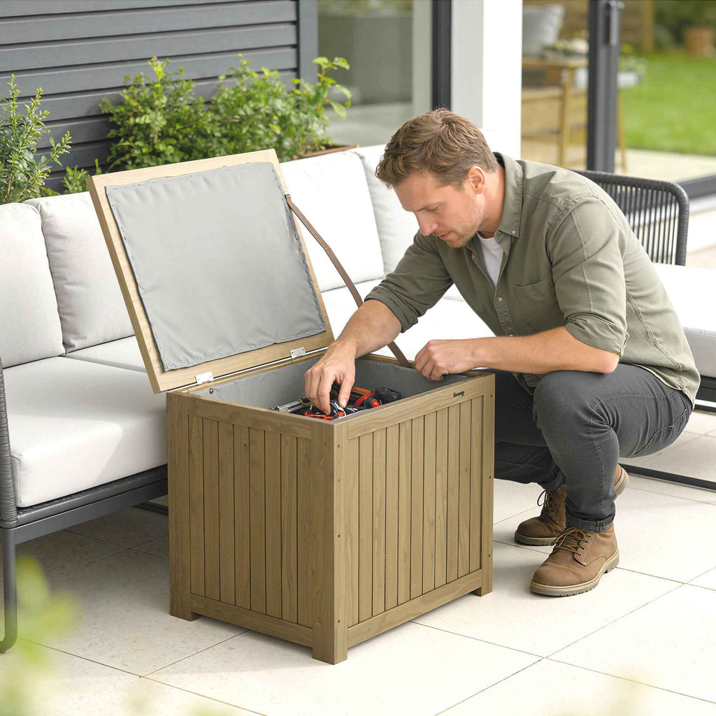 Outsunny 130L Outdoor Storage Chest with Lid, Hinges and Strap, Wooden, 63x51x58.5 cm, Brown