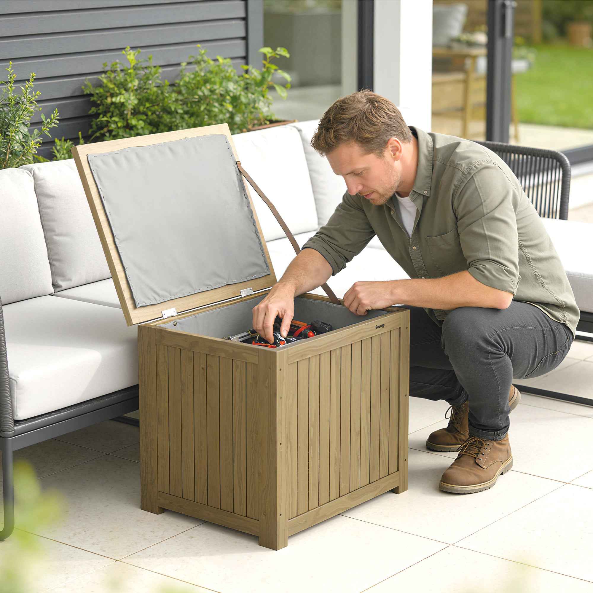 Outsunny 130L Outdoor Storage Chest with Lid, Hinges and Strap, Wooden, 63x51x58.5 cm, Brown