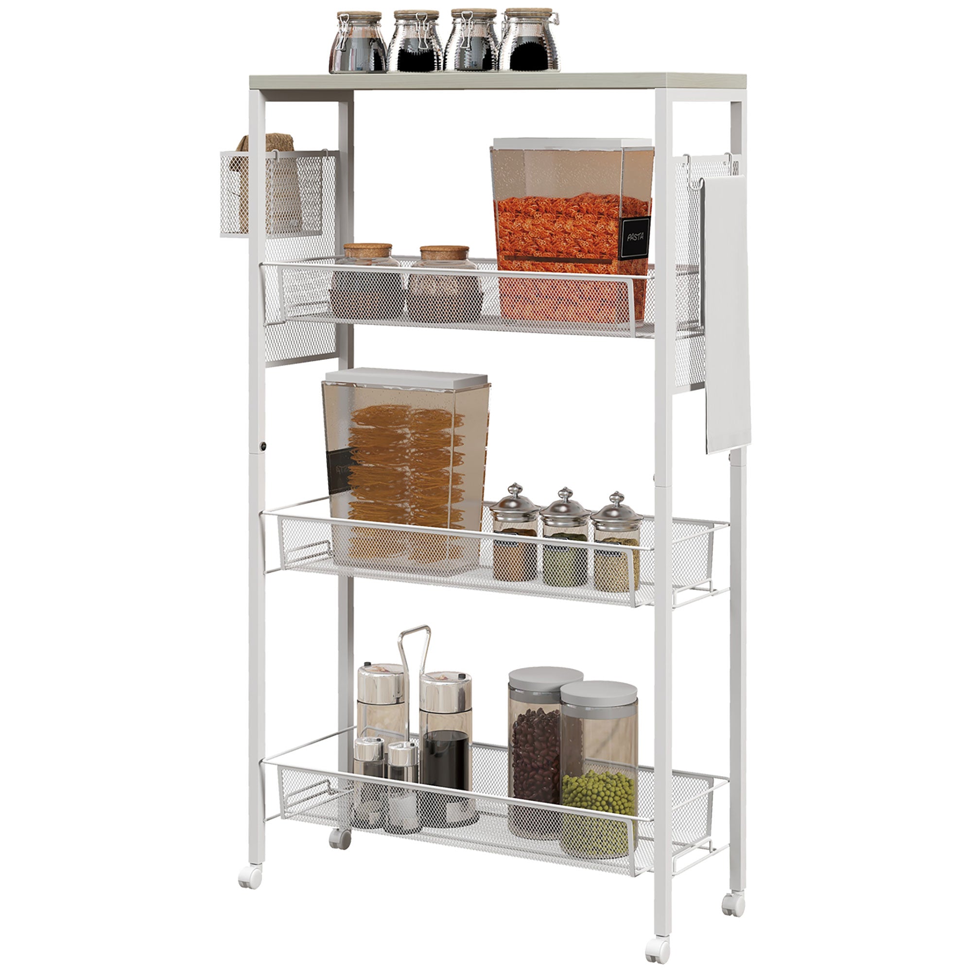 Homcom 3 -level kitchen trolley with lateral basket and hook, in chipboard and steel, 58x18.5x87 cm - Borgè