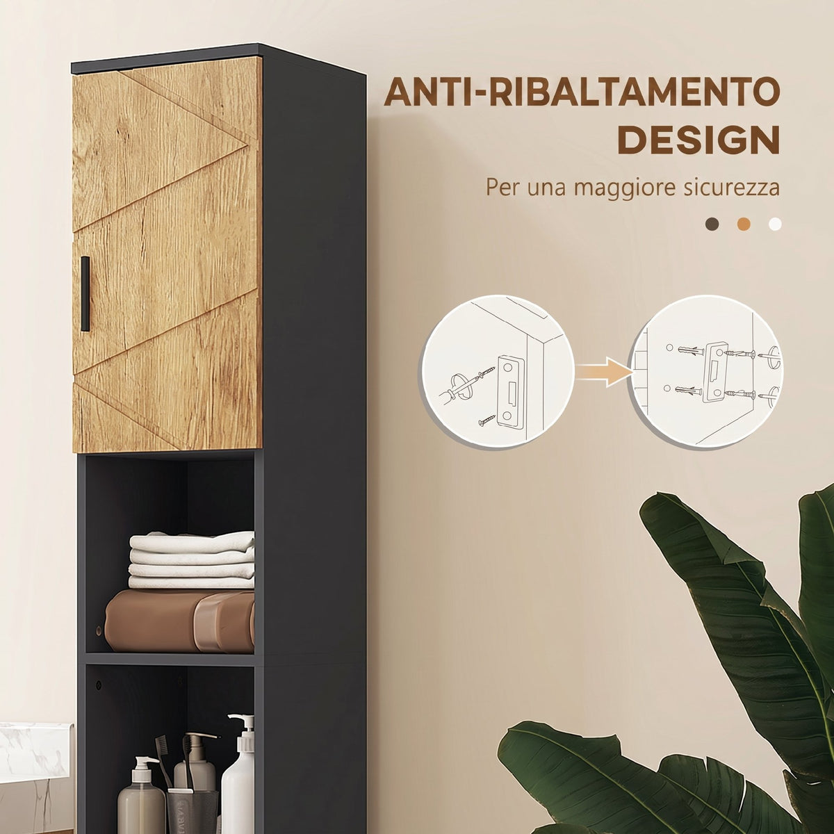 kleankin Chipboard Bathroom Column with 2 Open Shelves and 2 Double-Tier Cabinets, 30x30x183 cm, Oak