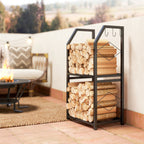 2-Tier Indoor and Outdoor Log Rack with 3 Side Hooks in Steel, 41x30x81 cm, Black