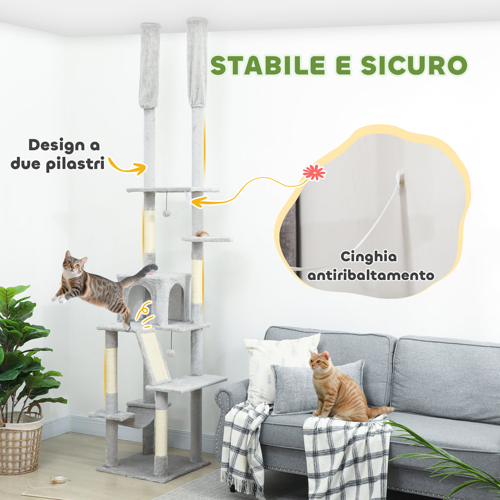 Ceiling Cat Tree with Adjustable Height 225-255 cm with House and Hammock, Light Grey