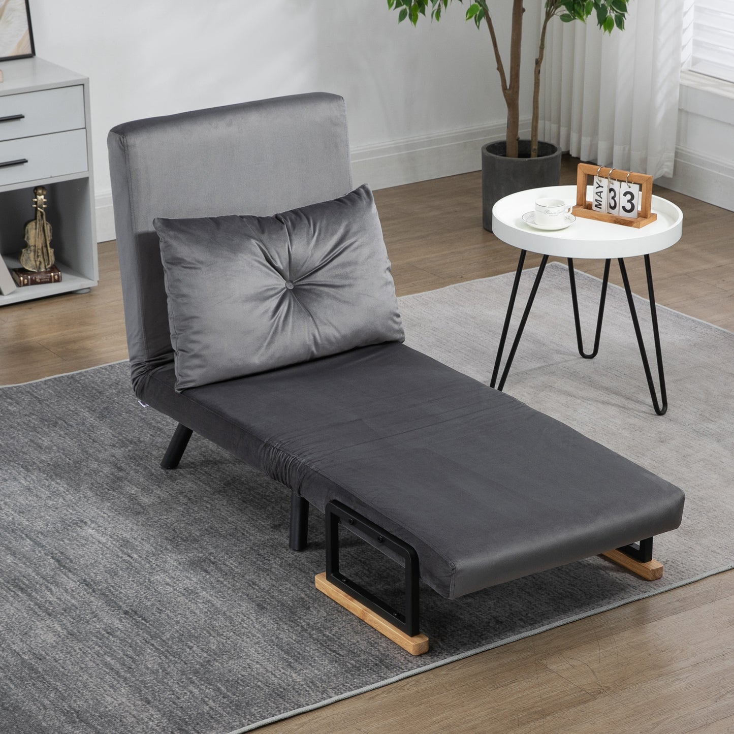 Velvet Dark Grey, 3 in 1 Sofa Bed with 5-Position Reclining Backrest and Cushion, 63x73x81 cm, Dark Grey