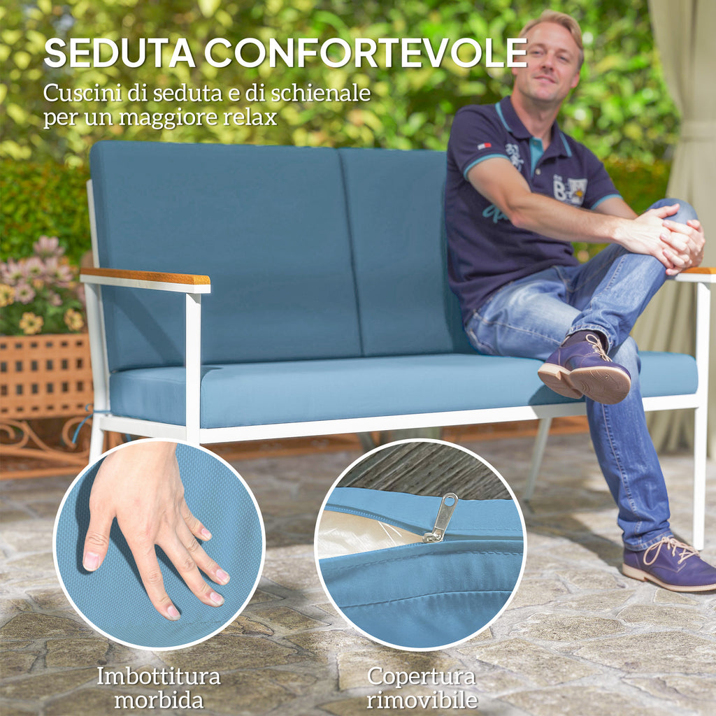 Outdoor Set with 2-Seater Sofa, 2 Armchairs and 2 Glass Coffee Tables, Light Blue