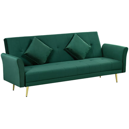 Sofa Bed with Adjustable Backrest and 2 Cushions, in Velvet Effect Fabric, 215x83x87 cm, Green