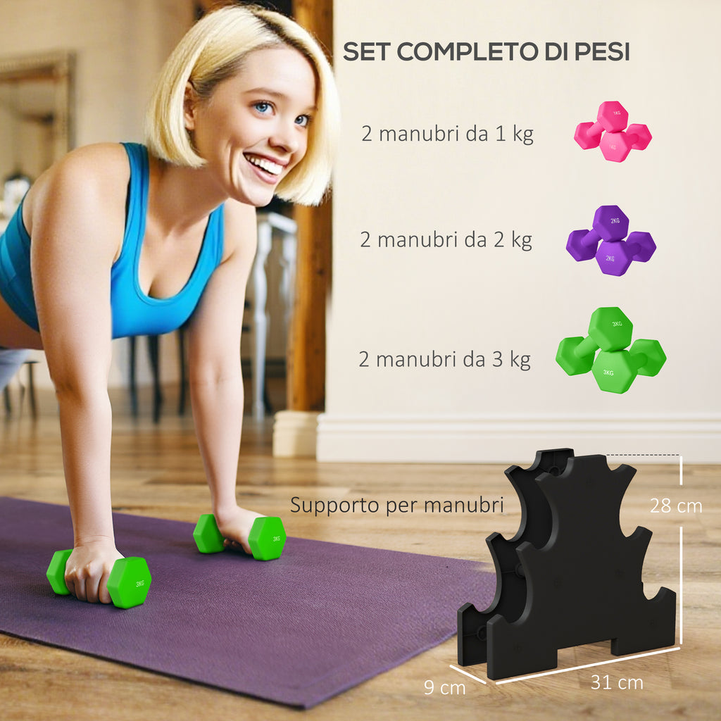 SPORTNOW Dumbbell Set with Stand, 6 Dumbbells Total 2x1 kg, 2x2 kg, 2x3 kg, Multicolored