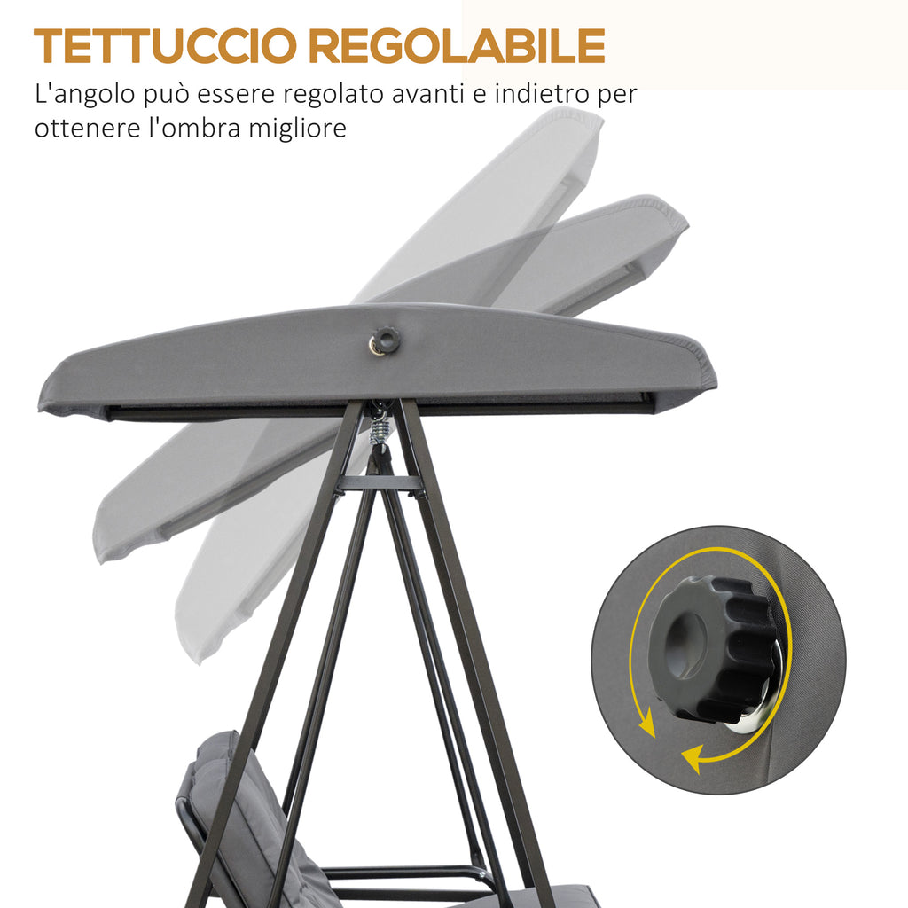 SIERA | 2-Seater Swing with Adjustable Canopy and Cushions, in Steel and Polyester, 144x117x173 cm, Grey