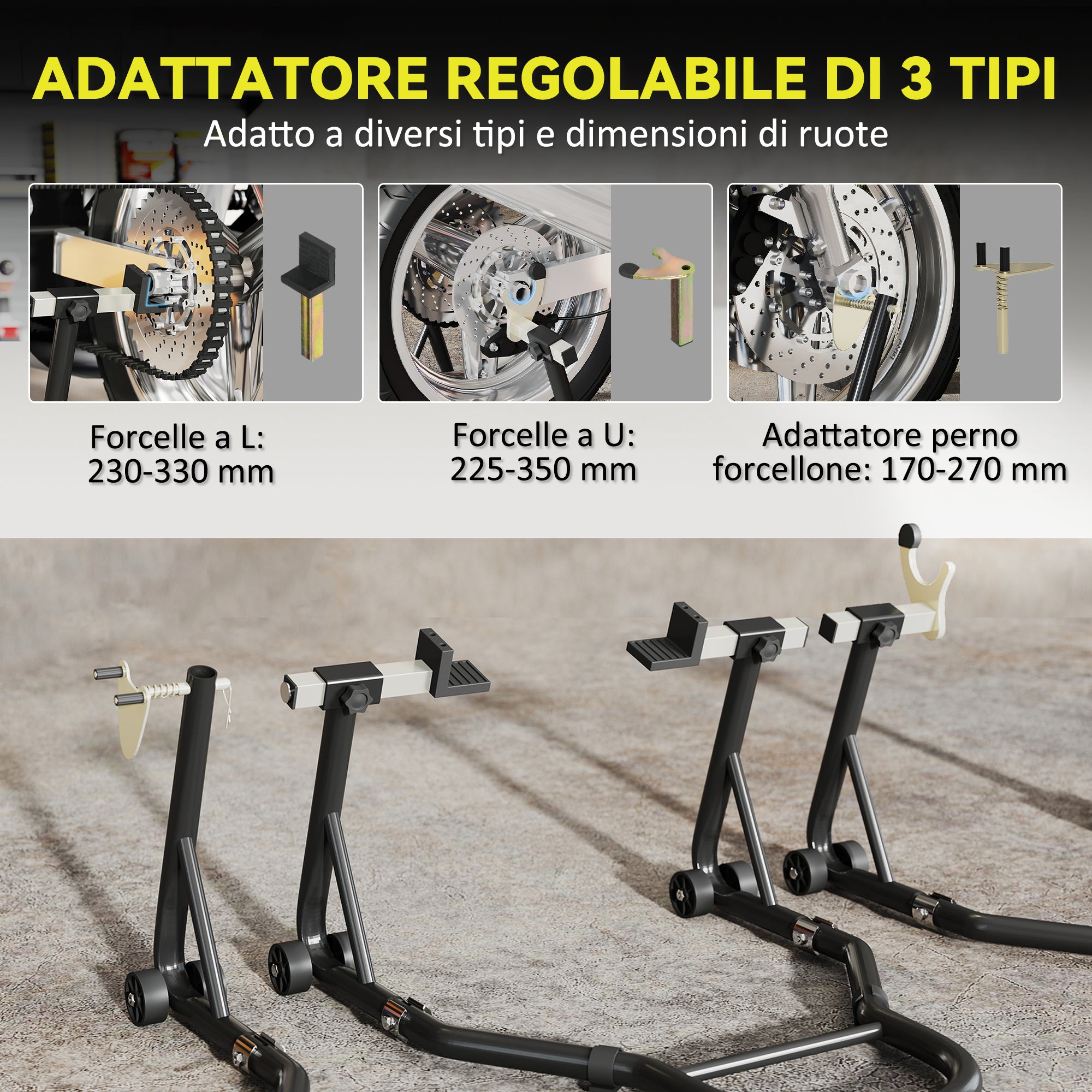 Set of 2 Adjustable Steel Triangle Motorcycle Stands with Wheels and U and L Forks, Black