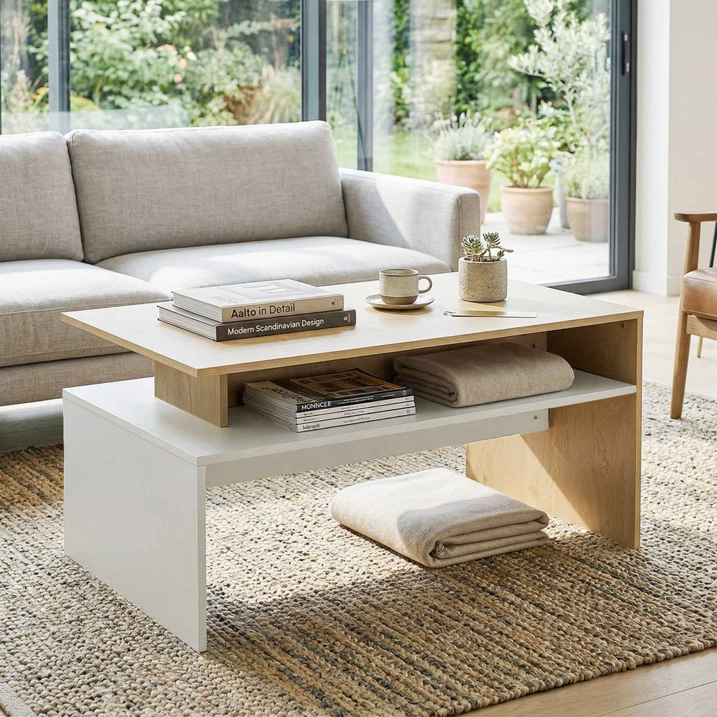 HOMCOM Two-Tone Coffee Table with Asymmetrical Shelf, 95x55x50 cm, Natural Wood and White