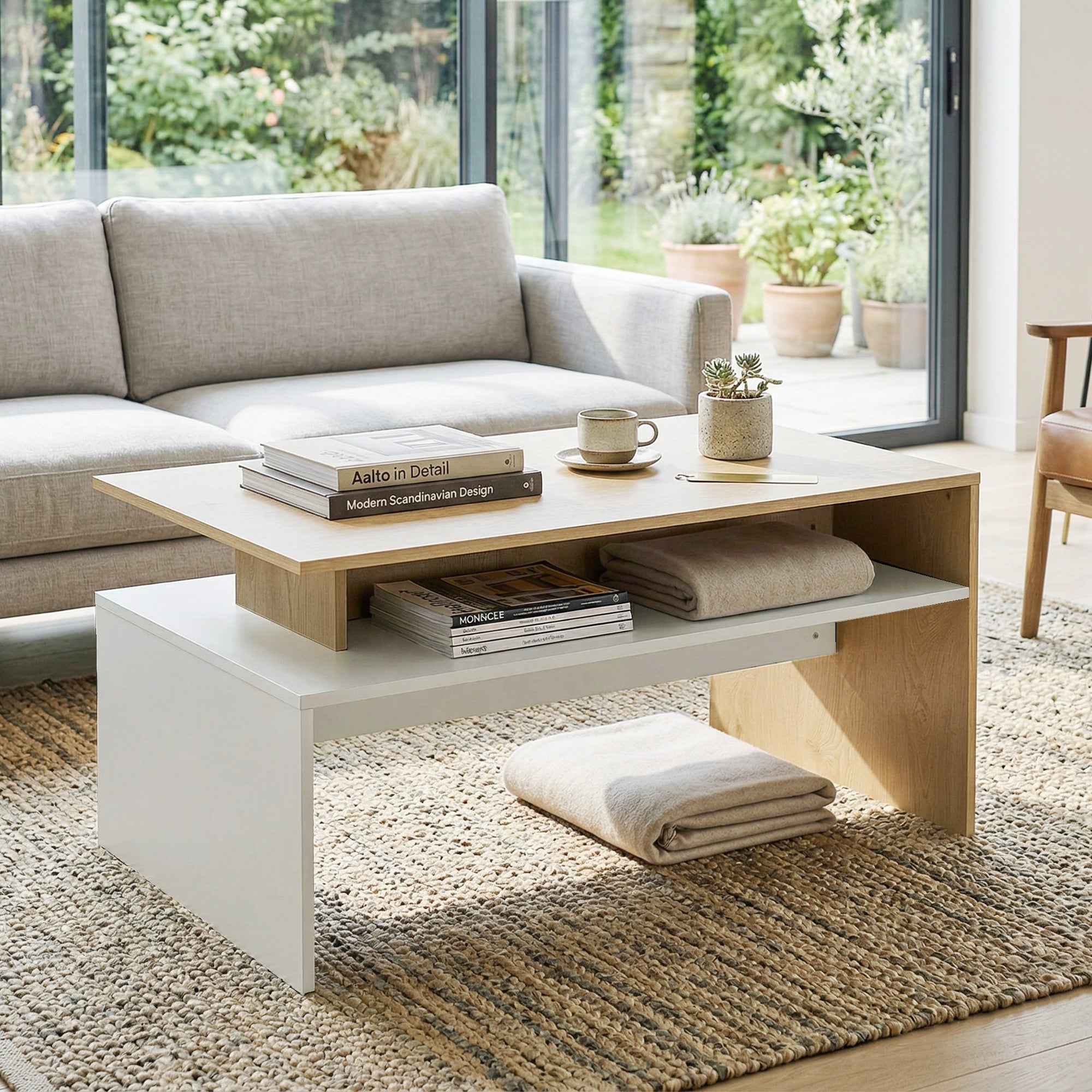 HOMCOM Two-Tone Coffee Table with Asymmetrical Shelf, 95x55x50 cm, Natural Wood and White