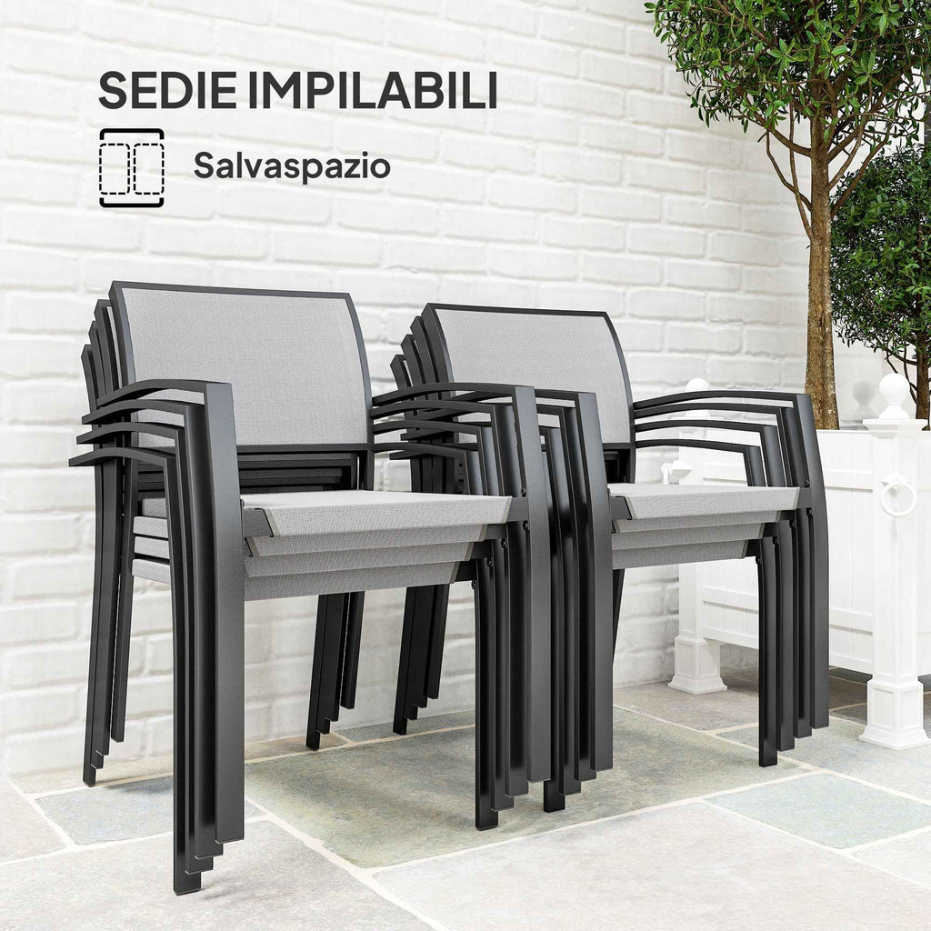 Outsunny Garden Set with Rectangular Dining Table and 8 Stackable Chairs with Armrests, Grey