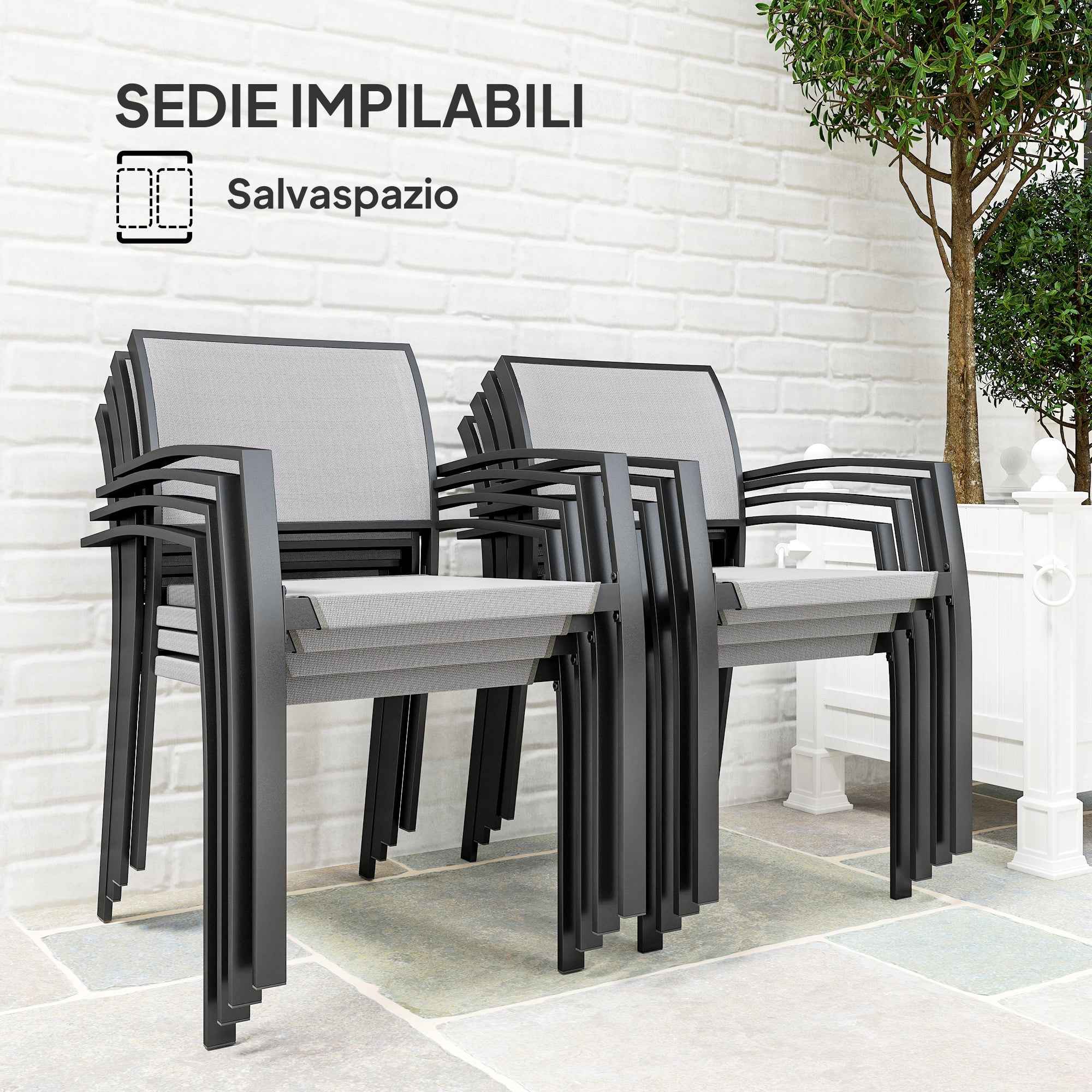 Outsunny Garden Set with Rectangular Dining Table and 8 Stackable Chairs with Armrests, Grey