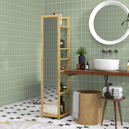 Bathroom Shelf with Mirror and 6 Bamboo Slatted Shelves, 35x35x168cm, Wood Color