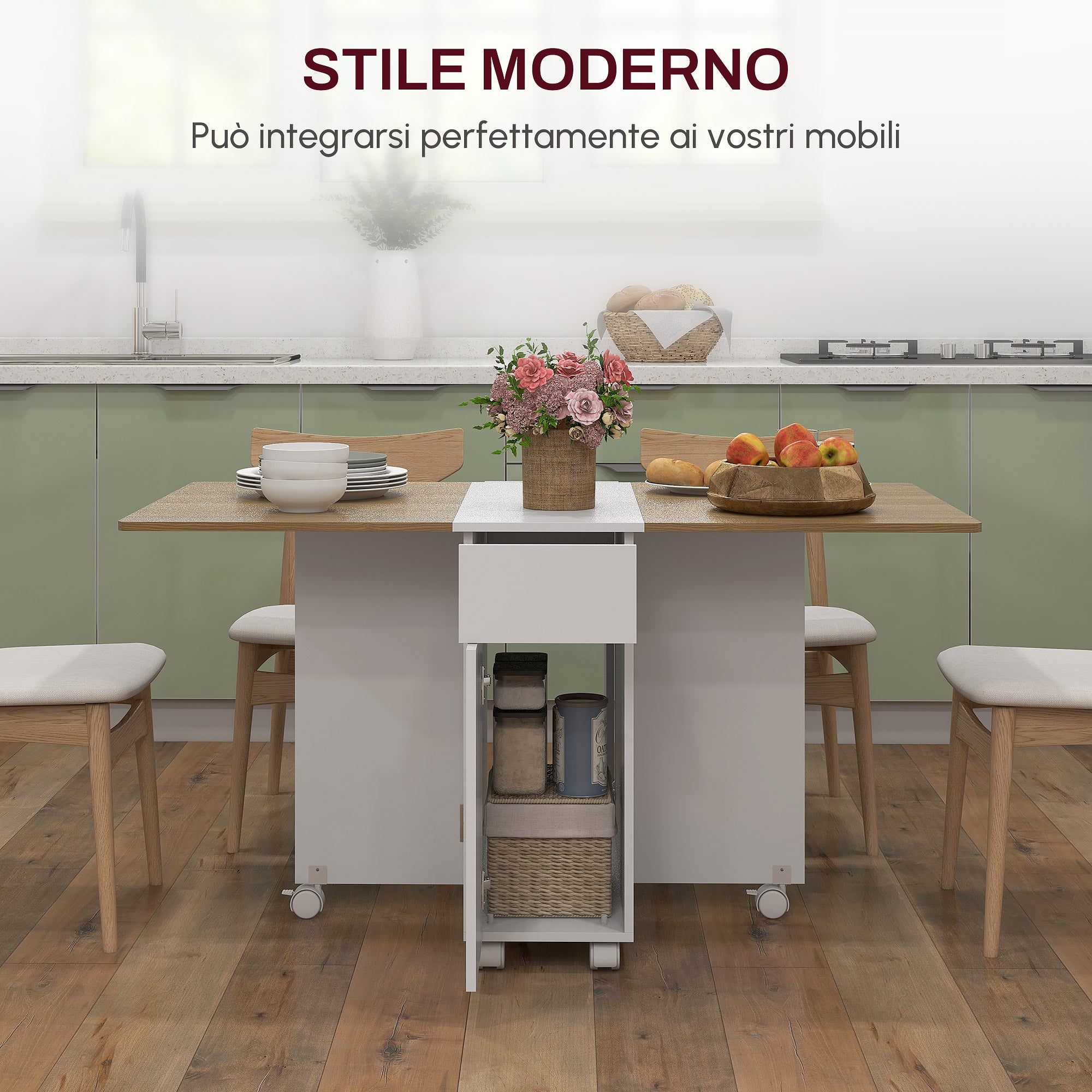 Extendable Rectangular Table with 2 Drawers and a Wooden Cabinet, 140x76x74 cm, White and Wood Color