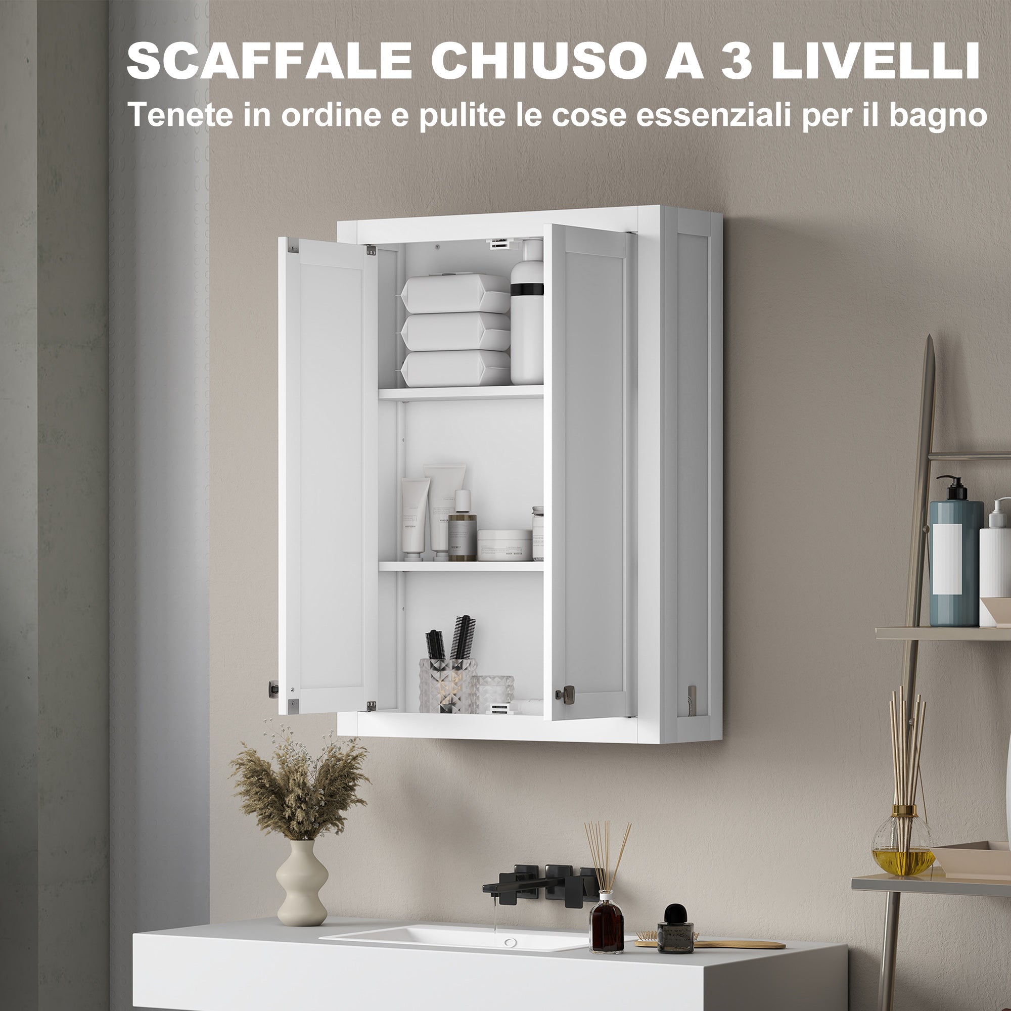 Wall-Mounted Wooden Bathroom Cabinet with 2 Adjustable Shelves on 3 Levels, 61x20x84 cm, White