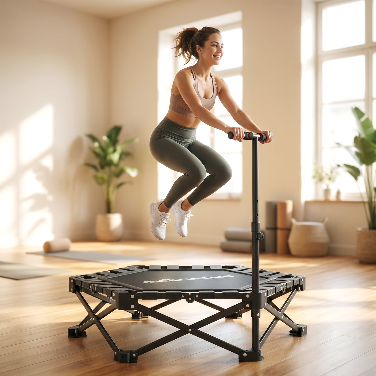 SPORTNOW 104cm Foldable Adult Trampoline with One-Step Opening and Closing System, Adjustable Handle and 24 Bungee Springs, Black