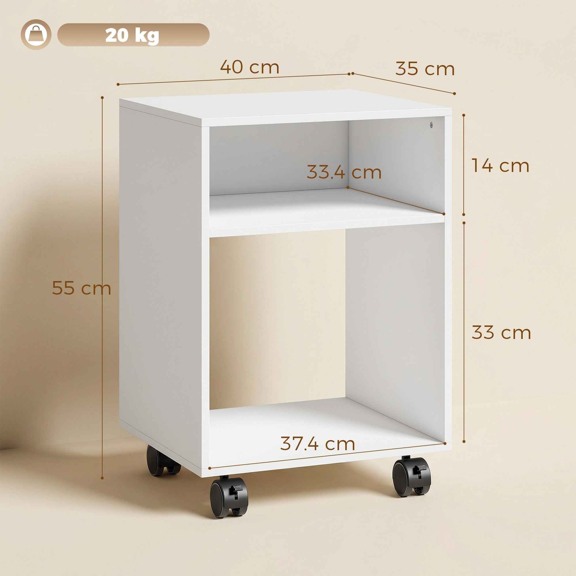 HOMCOM Wooden Printer Stand with Braked Wheels and 2 Open Compartments, 40x35x55 cm, for Office Study, White