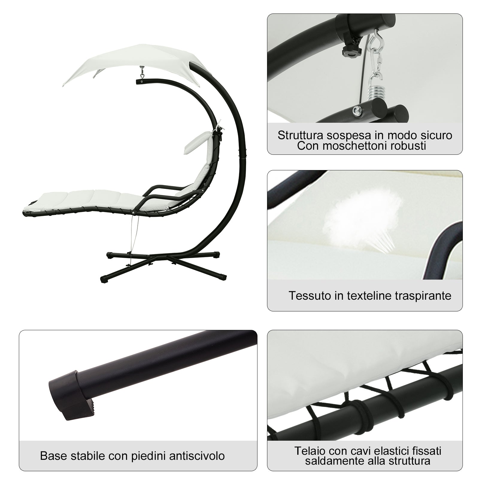 Hanging Garden Lounger, Padded Outdoor Hanging Lounger with Canopy, Cream 190x115x190cm