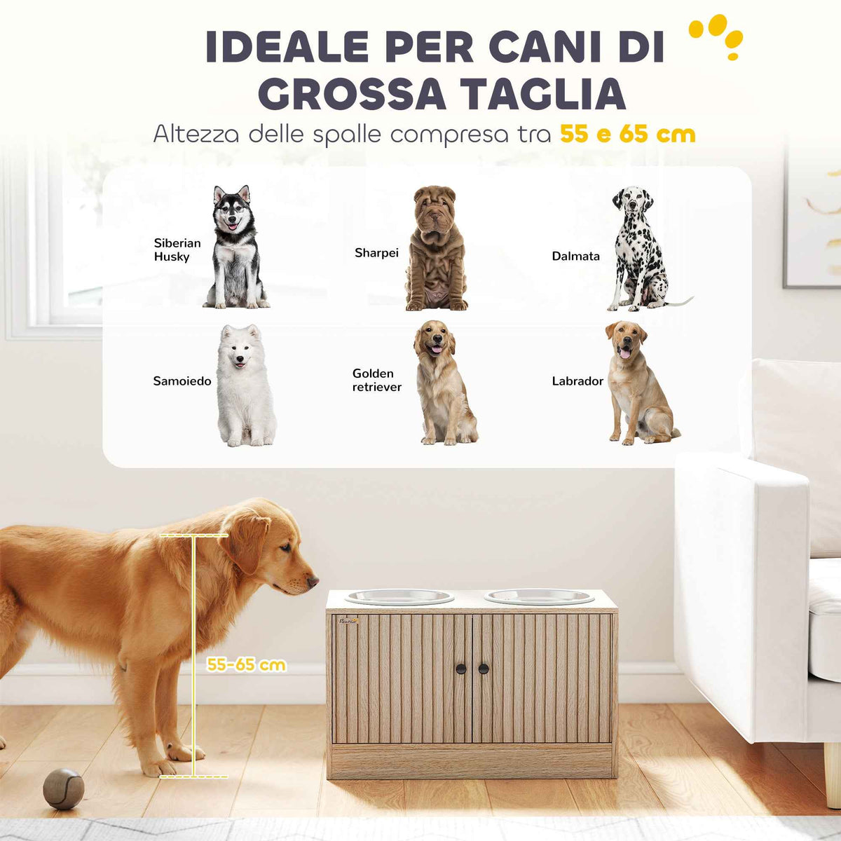 PawHut Dog Bowl Stand with 2 x 2L Stainless Steel Bowls and Lower Cabinet, Wooden, 60x30x35.5 cm, Oak