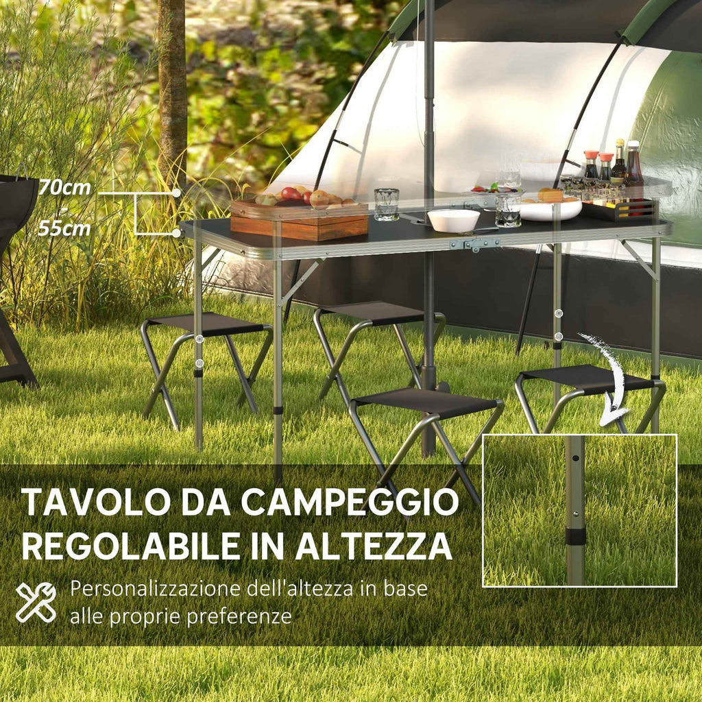 Outsunny Folding and Adjustable Camping Table Set with 4 Chairs and Umbrella Hole, Made of Aluminum and Wood, Black