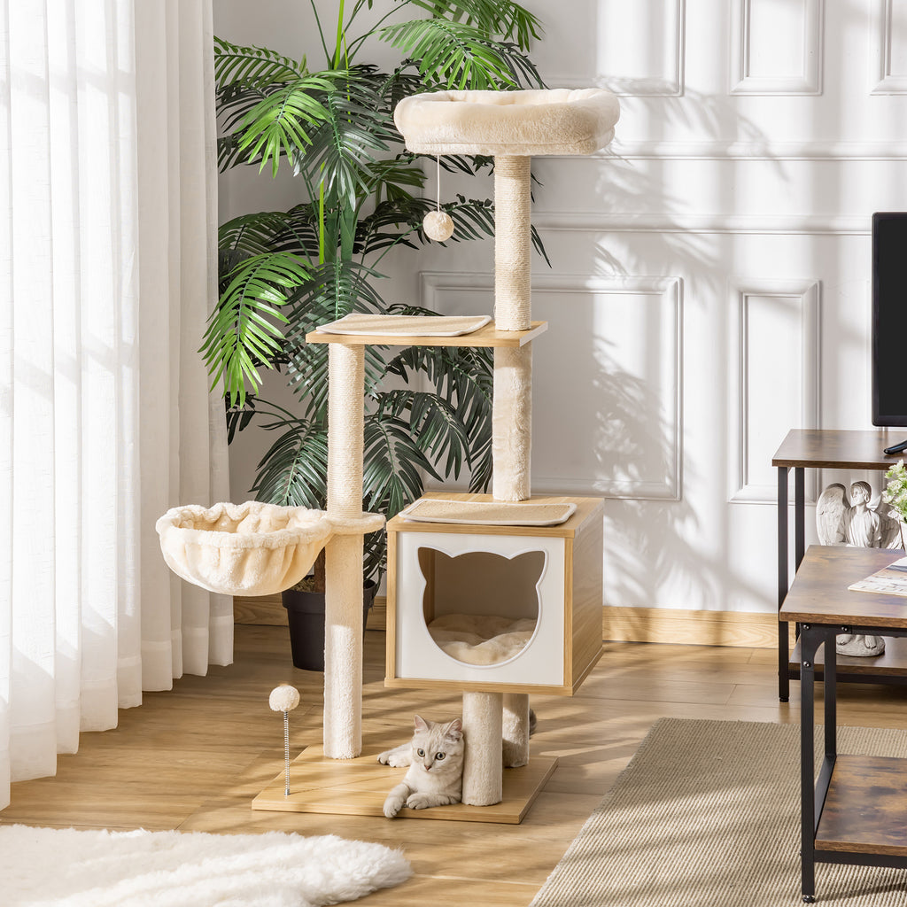 Cat Scratching Post with 2 Posts, House, Hammock, Bed and 2 Balls, Made of Wood, Fleece and Sisal, 48x40x126 cm
