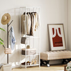 2-Tier Coat Rack with Shoe Rack, Clothes Rail, 4 Hooks, Top Shelf, 52x30x180 cm, White