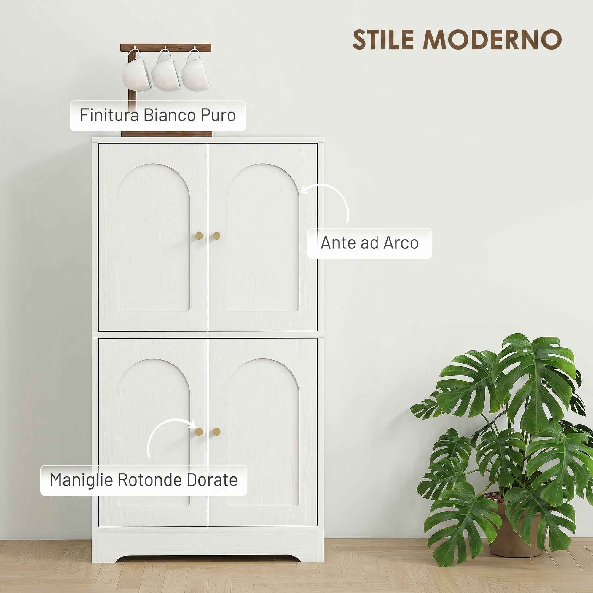 Wooden Kitchen Sideboard with 2 Cabinets, 4 Doors, 2 Adjustable Shelves, for Dining Room, Living Room, White