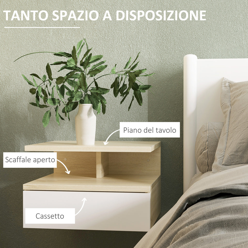 HOMCOM Set of 2 Suspended Bedside Tables with Drawer and Upper Shelf, in Wood, 35x32x22.5 cm, White and Oak - Borgè