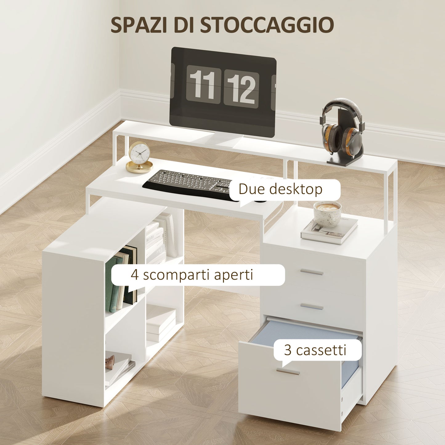 Office Desk with 2 Tables, 4 Shelves, 3 Drawers and Monitor Stand, Wooden, 138.5x90x92 cm, White