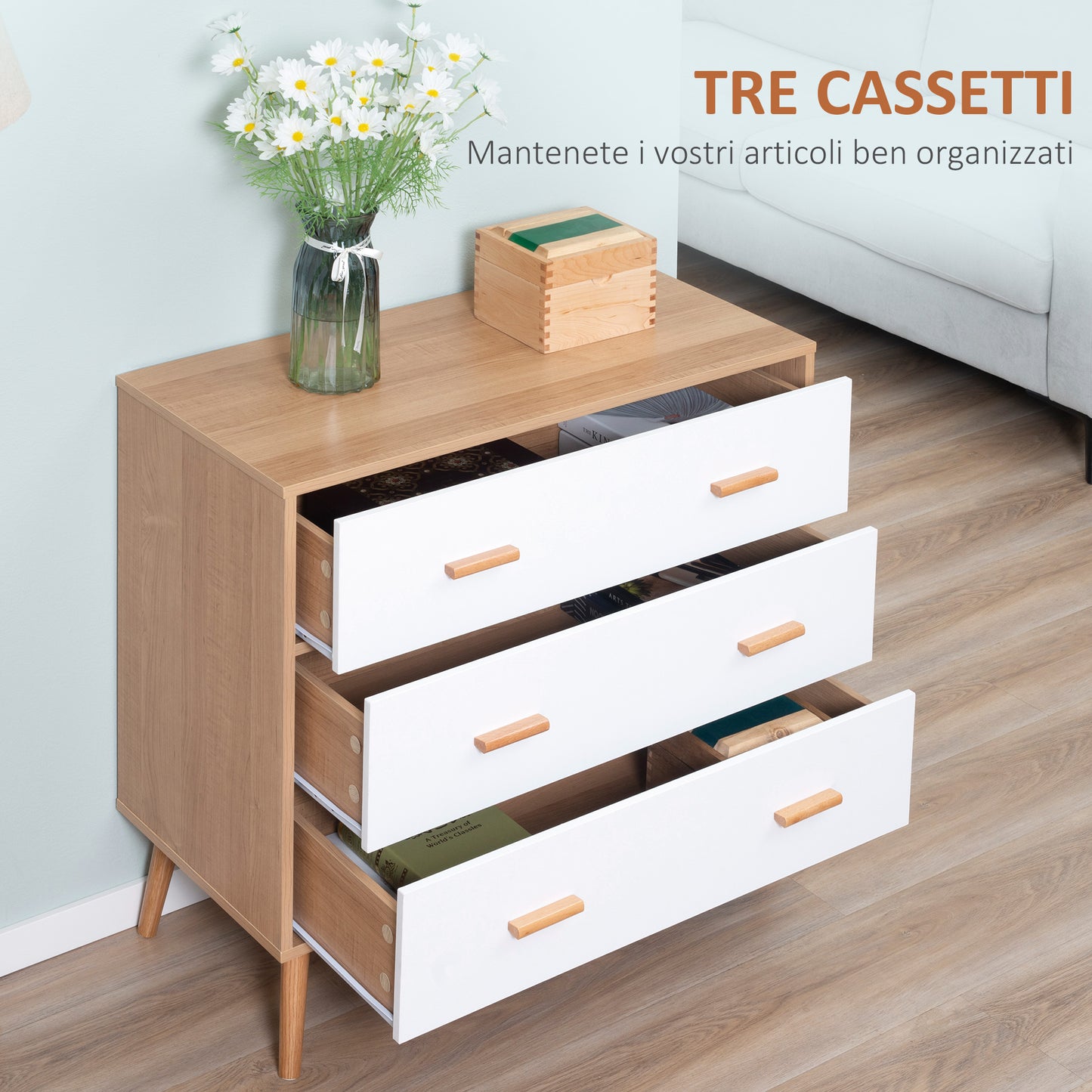 HOMCOM Raised Chest of 3 Drawers for Living Room and Bedroom, in Wood, 80x39x80 cm, White and Wood Color