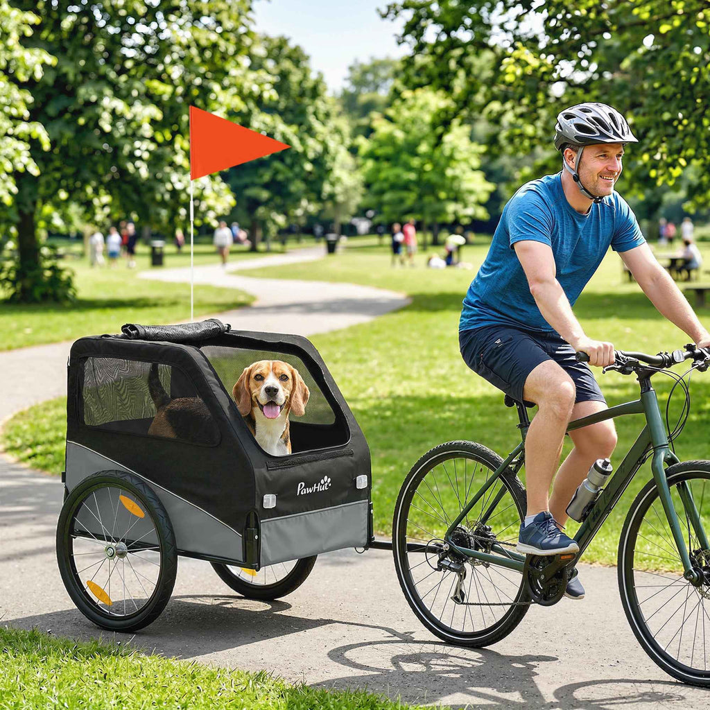 PawHut Folding Metal Dog Bike Trailer with 600D Oxford Fabric and Removable Cover, Grey
