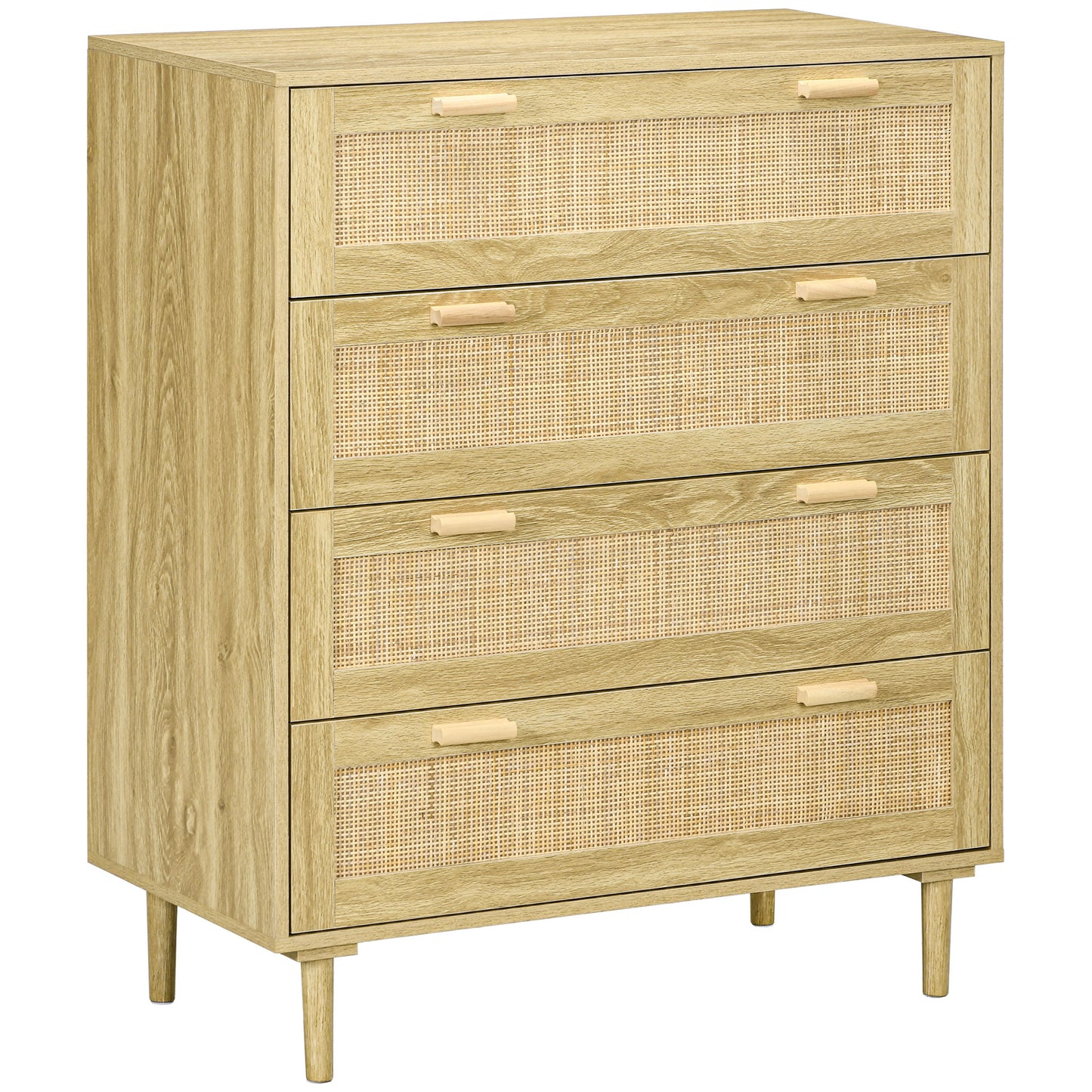 4 Drawer Chest of Drawers Boho Style Wood and Rattan, 90x45x108.5cm, Oak