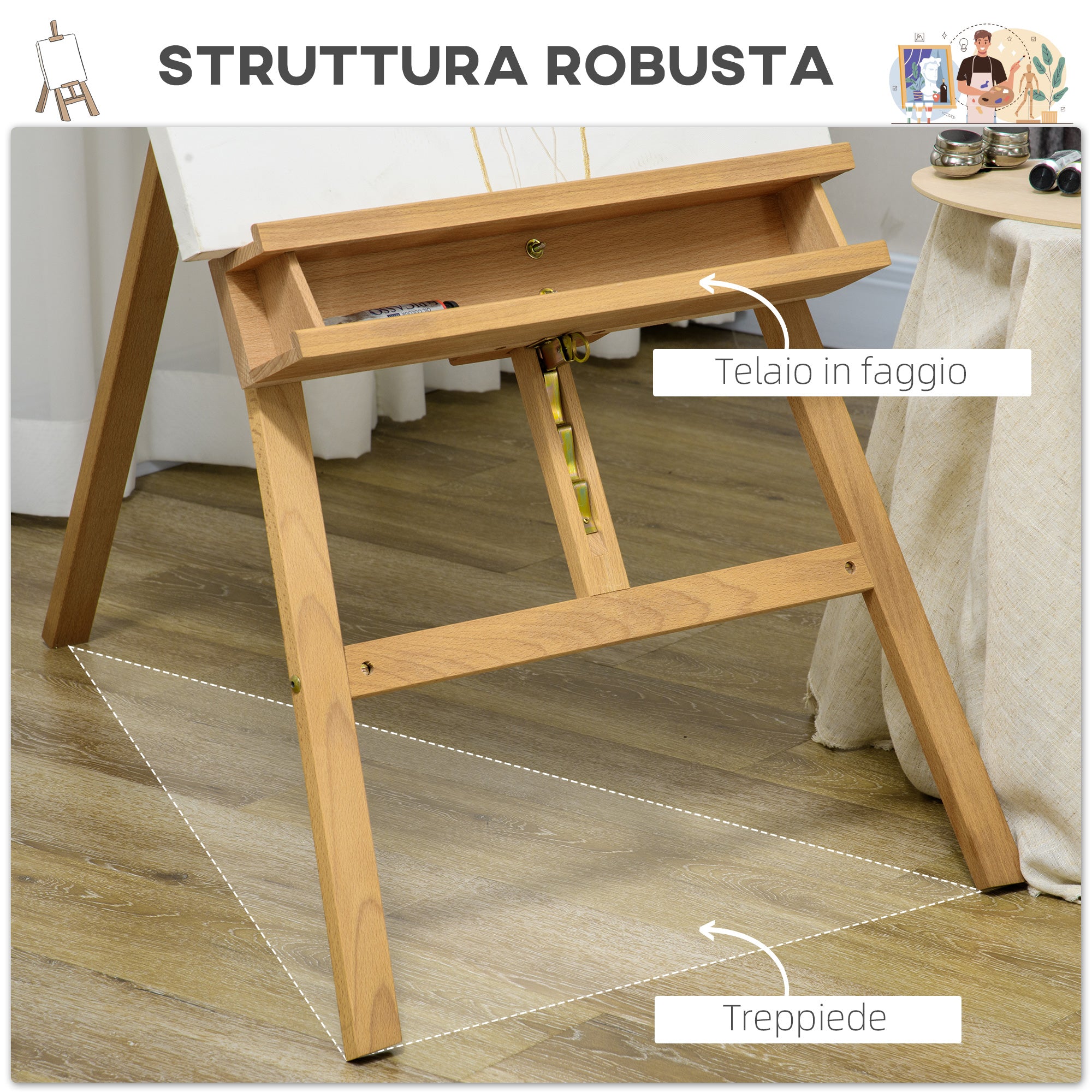 Vinsetto Folding Beech Easel with Adjustable Height and Angle, 65x110x180-235 cm