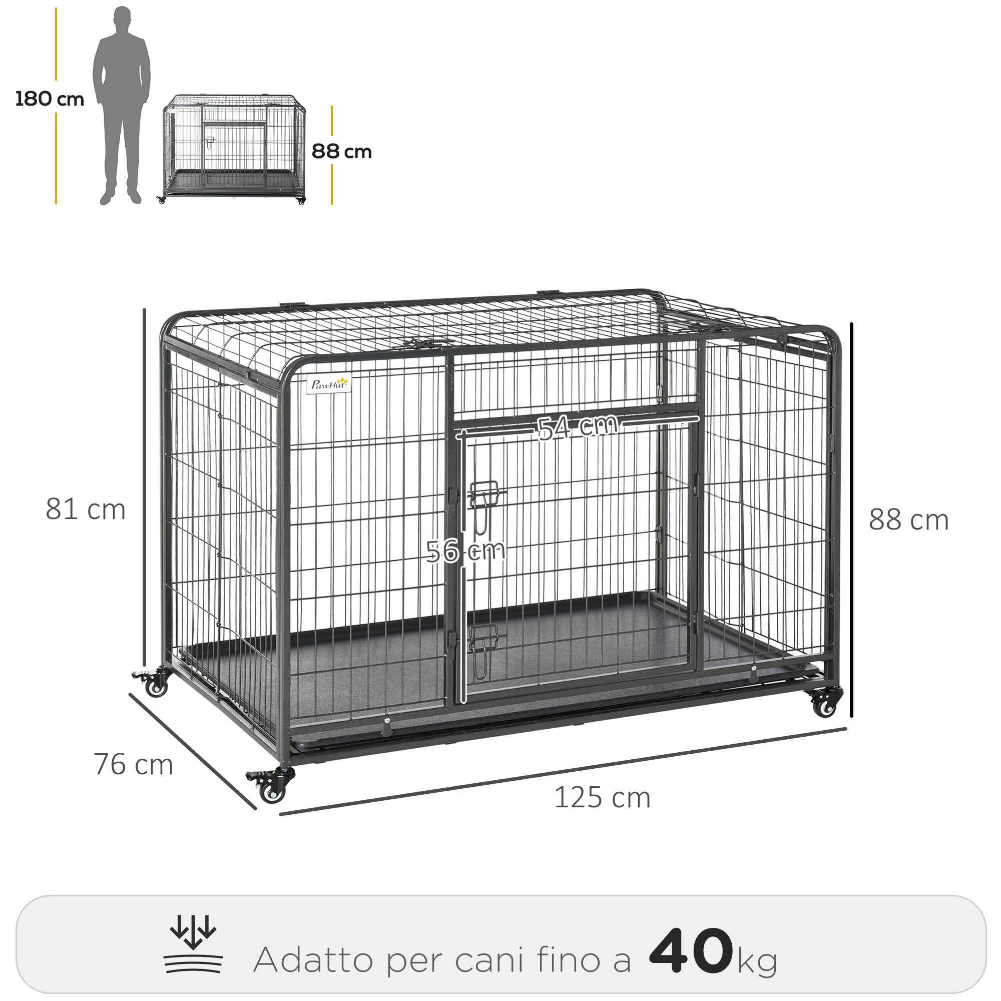 Kennel Folding Dog Cage Double Door with Lock 4 Wheels with Brake and Removable Bottom, 125x76x81cm