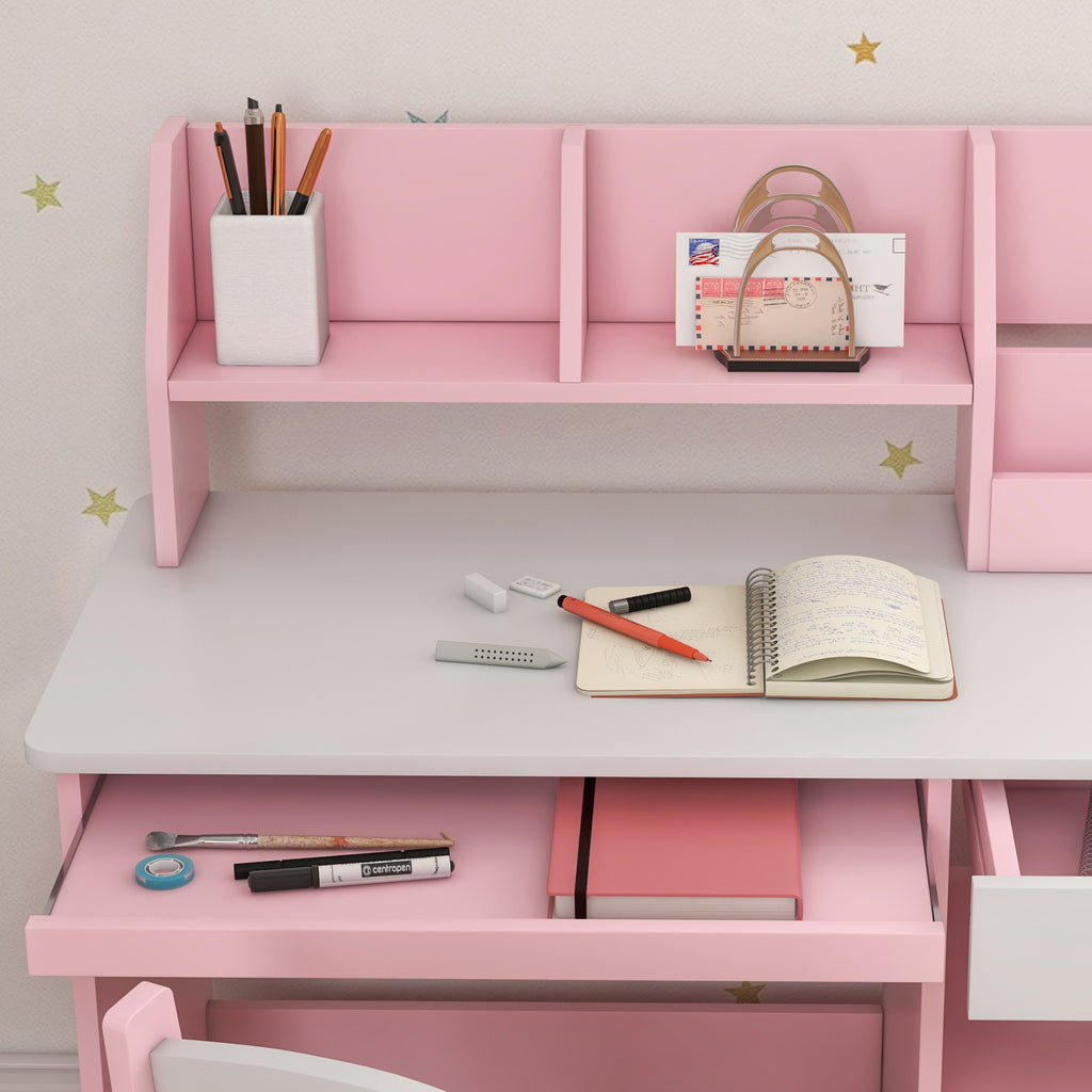 ZONEKIZ Children's Desk Table for 5-8 Years Old with Chair, Bookshelf, Pull-Out Shelf and Drawer, Pink