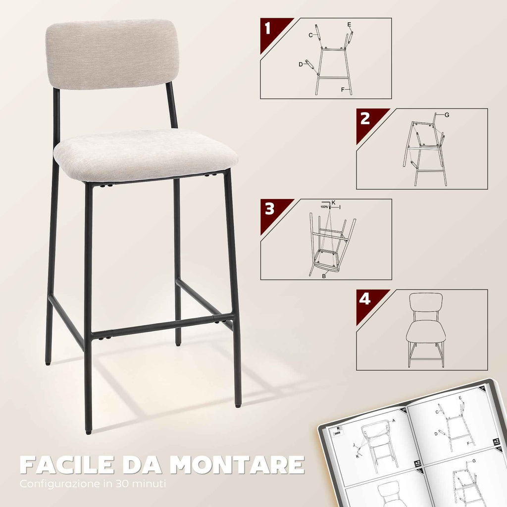 HOMCOM Set of 2 High Back Bar Stools with Footrest and Chenille Upholstery, Cream