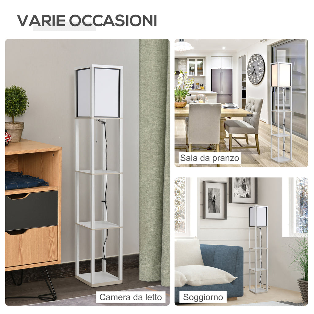 40W Floor Lamp with 3 Shelves and Foot Switch, Made of Wood and Acrylic, 26x26x160 cm, White