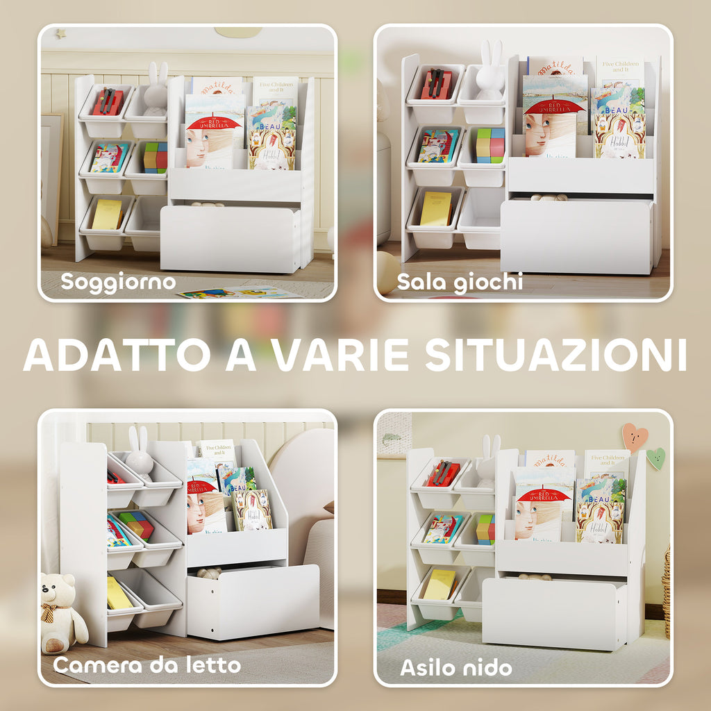 Toy Storage Shelf with 6 Baskets, 3 Shelves and Bottom Box, Made of Wood, Plastic and Steel, 100x30x80 cm, White