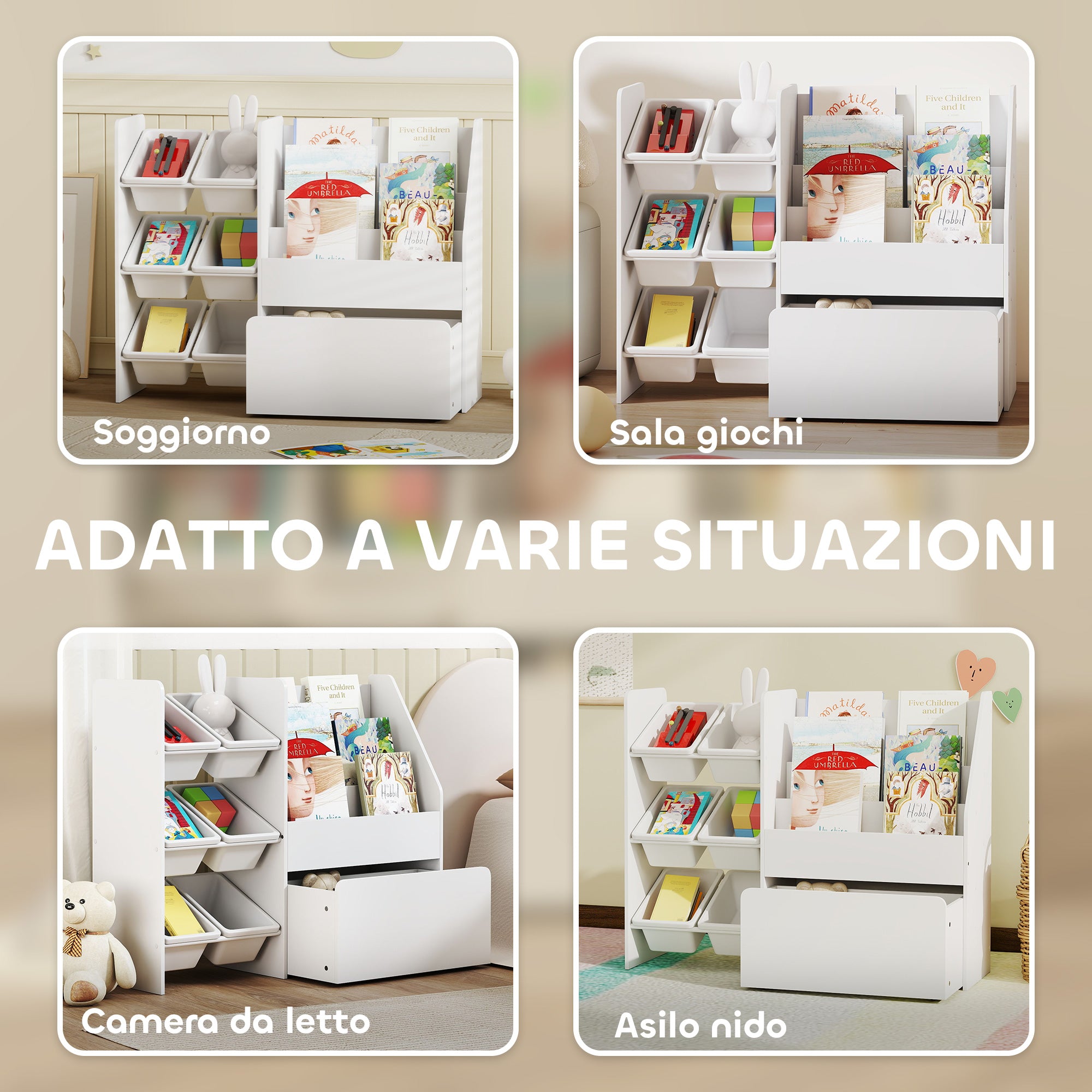 Toy Storage Shelf with 6 Baskets, 3 Shelves and Bottom Box, Made of Wood, Plastic and Steel, 100x30x80 cm, White