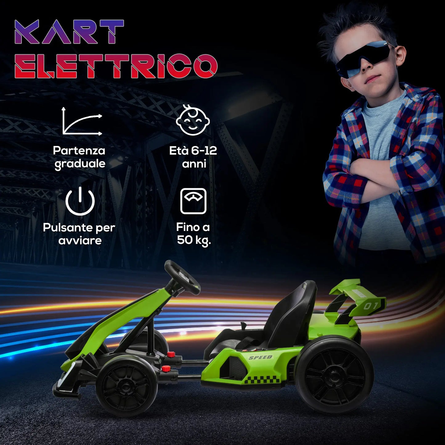 Electric Go Kart for Kids 6-12 Years 24V 12km/h with Adjustable Seat, Green