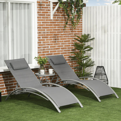 Set of 2 Reclining Sun Loungers on 4 Levels and Folding Table, Grey