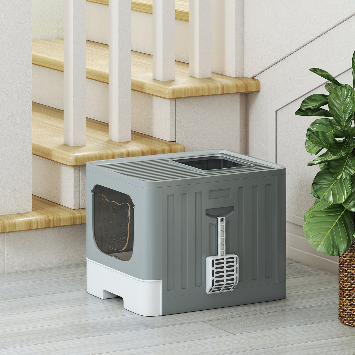 PawHut Cat Litter Box M 60L with Lid, Removable Tray, Scoop, Anti-Leak, Easy to Clean, Grey